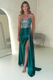 FITTED SATIN GOWN WITH BEADED BODICE