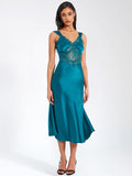 PERLEY TEAL SATIN LACE MIDI DRESS