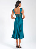 PERLEY TEAL SATIN LACE MIDI DRESS