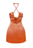 ROSETTE ORANGE HALTER SATIN MINI DRESS