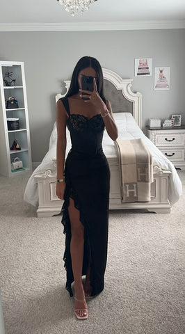 BLACK LACE SATIN MAXI CORSET DRESS