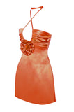 ROSETTE ORANGE HALTER SATIN MINI DRESS