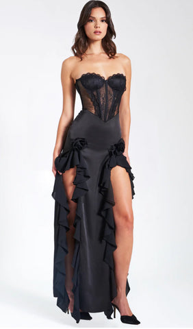 TALIA BLACK SATIN LACE CORSET MAXI DRESS