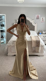 SATIN HALTER WRAP LOOK DRAPED GOWN