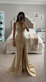 SATIN HALTER WRAP LOOK DRAPED GOWN