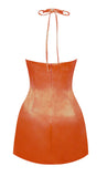 ROSETTE ORANGE HALTER SATIN MINI DRESS