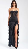 TALIA BLACK SATIN LACE CORSET MAXI DRESS