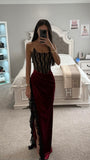 GAIA BURGUNDY LACE VELVET CORSET SLIT GOWN