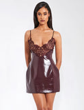 SHELBY DARK BROWN VEGAN LEATHER LACE MINI DRESS