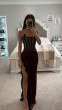 GAIA BURGUNDY LACE VELVET CORSET SLIT GOWN