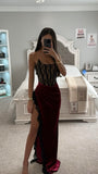 GAIA BURGUNDY LACE VELVET CORSET SLIT GOWN