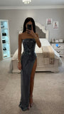 RAMONDA NAVY SEQUIN STRAPLESS HIGH SLIT MAXI DRESS