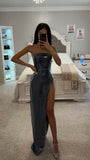 RAMONDA NAVY SEQUIN STRAPLESS HIGH SLIT MAXI DRESS