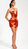 ROSETTE ORANGE HALTER SATIN MINI DRESS