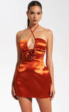 ROSETTE ORANGE HALTER SATIN MINI DRESS