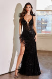 FEATHER DETAIL EMBELLISHED FITTED GOWN