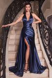 SATIN HALTER WRAP LOOK DRAPED GOWN