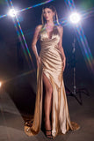 SATIN HALTER WRAP LOOK DRAPED GOWN