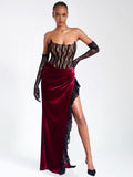 GAIA BURGUNDY LACE VELVET CORSET SLIT GOWN