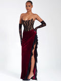 GAIA BURGUNDY LACE VELVET CORSET SLIT GOWN