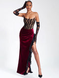 GAIA BURGUNDY LACE VELVET CORSET SLIT GOWN