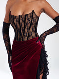 GAIA BURGUNDY LACE VELVET CORSET SLIT GOWN