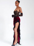 GAIA BURGUNDY LACE VELVET CORSET SLIT GOWN