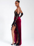 GAIA BURGUNDY LACE VELVET CORSET SLIT GOWN