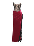 GAIA BURGUNDY LACE VELVET CORSET SLIT GOWN