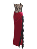 GAIA BURGUNDY LACE VELVET CORSET SLIT GOWN