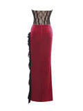 GAIA BURGUNDY LACE VELVET CORSET SLIT GOWN