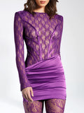 QUARTNEY PURPLE LONG SLEEVE SATIN LACE MINI DRESS