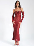 UDAYA BURGUNDY LACE LONG SLEEVE MAXI DRESS