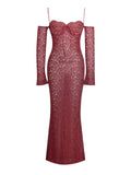 UDAYA BURGUNDY LACE LONG SLEEVE MAXI DRESS