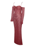 UDAYA BURGUNDY LACE LONG SLEEVE MAXI DRESS