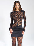 QUARTNEY BLACK LONG SLEEVE SATIN LACE MINI DRESS