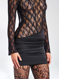 QUARTNEY BLACK LONG SLEEVE SATIN LACE MINI DRESS