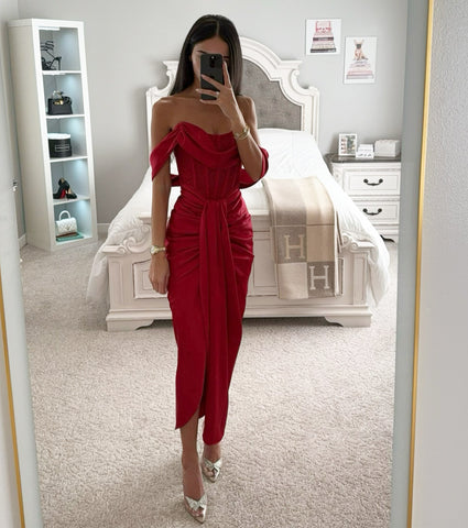 BURGUNDY OFF SHOULDER CRYSTAL MIDI DRESS