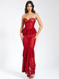 QUENNELL BURGUNDY LACE CORSET MAXI DRESS