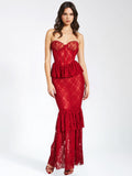 QUENNELL BURGUNDY LACE CORSET MAXI DRESS