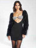 IDONEA BLACK FAUX FUR SLEEVE CRYSTAL BUSTIER DRESS