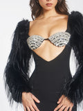 IDONEA BLACK FAUX FUR SLEEVE CRYSTAL BUSTIER DRESS