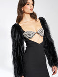 IDONEA BLACK FAUX FUR SLEEVE CRYSTAL BUSTIER DRESS