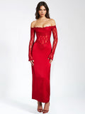 NESSA RED LACE SATIN MAXI DRESS