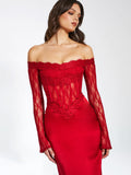 NESSA RED LACE SATIN MAXI DRESS