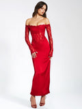 NESSA RED LACE SATIN MAXI DRESS