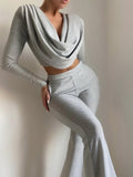 LONG SLEEVE DRAPED SILVER TOP