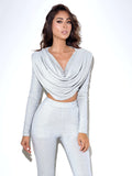 LONG SLEEVE DRAPED SILVER TOP