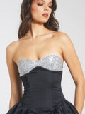 SILVER AND BLACK SATIN BUSTIER MINI DRESS