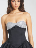 SILVER AND BLACK SATIN BUSTIER MINI DRESS